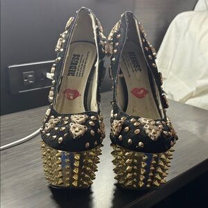 Red Kiss Studded Black and Gold Heels